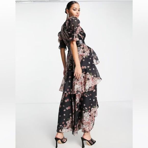 ASOS DESIGN dark sleeve voile midi tea dress with puff sleeves - Picture 4 of 7